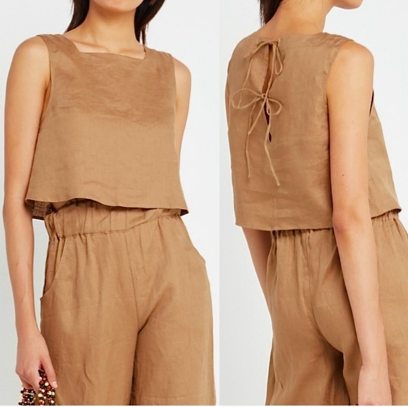 KOURT Tops - KOURT Linen Cotton Willow Cropped Tank with Tie Back in Tan Brown